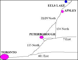 Map showing Location of Eels Lake Cottages and Marina
